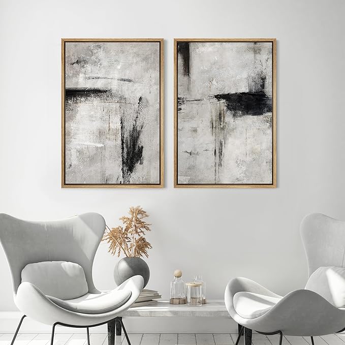 MUDECOR Framed Canvas Print Wall Art Grey Black Abstract Shape Illustrations Modern Art Decorative Bohemian Colorful Chic for Living Room, Bedroom, Office - 24"x36"x2 Natural
