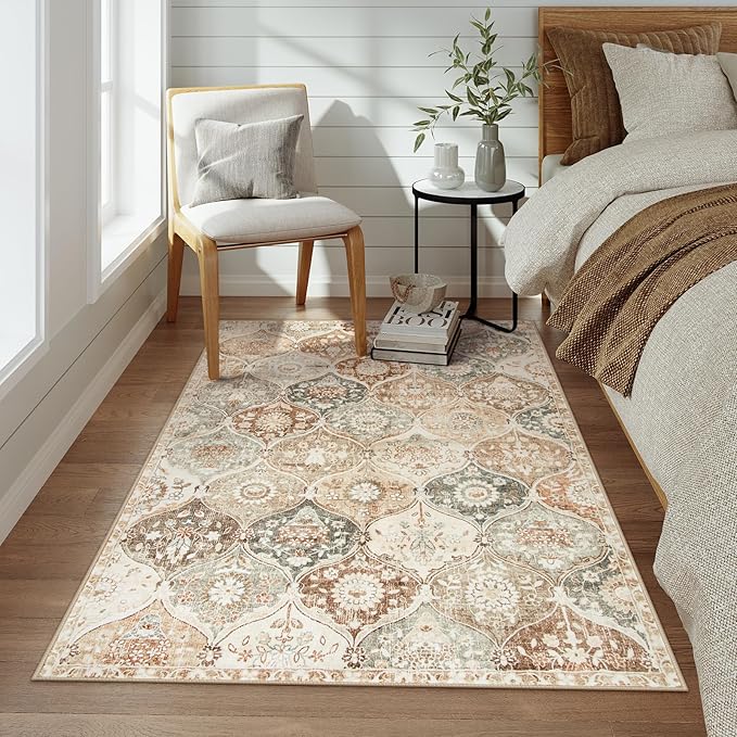 Lahome Moroccan Trellis Washable Small Area Rug, 3x5 Black Rug for Bedroom Living Room, Non-Slip Oriental Accent Throw Carpet for Kitchen Office Entryway Bathroom Office, Khaki