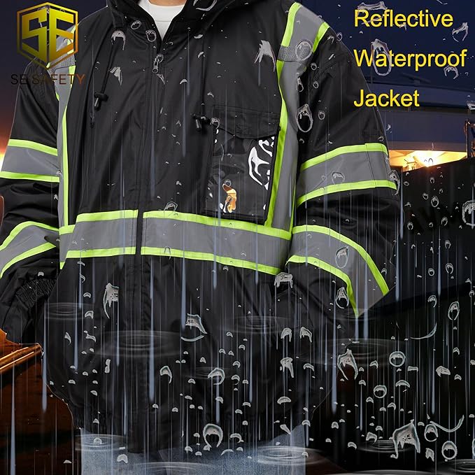 sesafety Reflective Jacket for Men, High Visibility Jackets, Safety Jackets for Men, Hi Vis Construction Bomber Jackets Waterproof with Pockets and Zipper, Black Bottom, Class 3