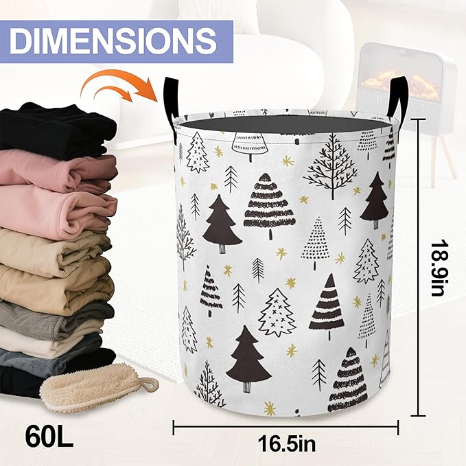 Black White Christmas Tree Laundry Basket-Large Foldable Hamper Holder Portable Tall Collapsible Laundry Hamper Storage Basket Bin with Handles, Canvas & Waterproof lining for Household Items