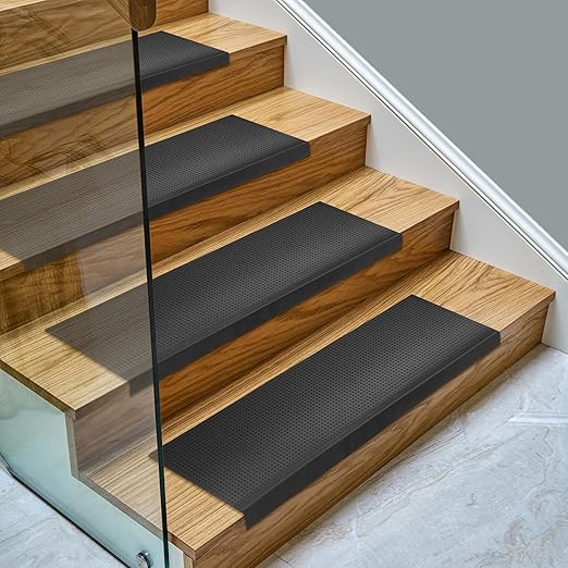 Ottomanson All-Weather Bullnose Rubber Stair Treads – Non-Slip Step Mats for Wooden, Concrete, or Outdoor Stairs, Easy Maintenance, Tool-Free Placement, Pack of 5, 10" x 30", Black Grip Dots