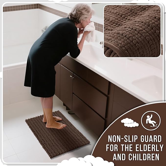 Yimobra Long Bathroom Rugs Non Slip Washable 44x24 Inch - Ultra Soft Absorbent Chenille Bath Mat, Quick Dry Shaggy Floor Carpet for Tub Shower, Brown Home Decor Accessories