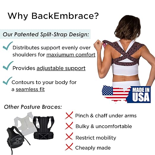 BackEmbrace Posture Corrector for Women and Men - Made in USA - Slim and Adjustable Shoulder Brace - Back Brace for Back Pain Relief - Pink Pebble XL
