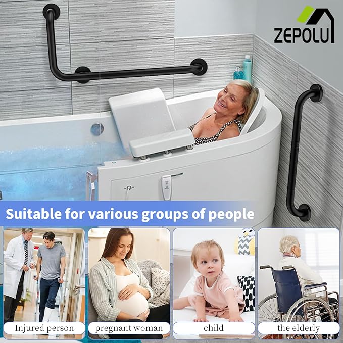 Black L-Shaped Grab Bar 12x24 Inch + Knurled Shower Grab Rail 20 Inch, Zepolu Stainless Steel Toilet Safety Bar 90 Degree, Angled Balance Support Assist Bar for Elderly, Bathroom Mobility Aid Handrail