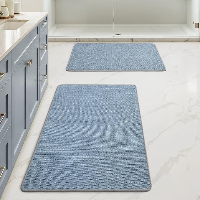 MIULEE Set of 2 Ultra Thin Bathroom Rugs, Rubber Bath Mats for Bathroom Non Slip, Quick Dry Absorbent Bath Rug Machine Washable, Fit Under Door, Shower, Sink, Home Decor, Blue, 17"x27"+20"x32"
