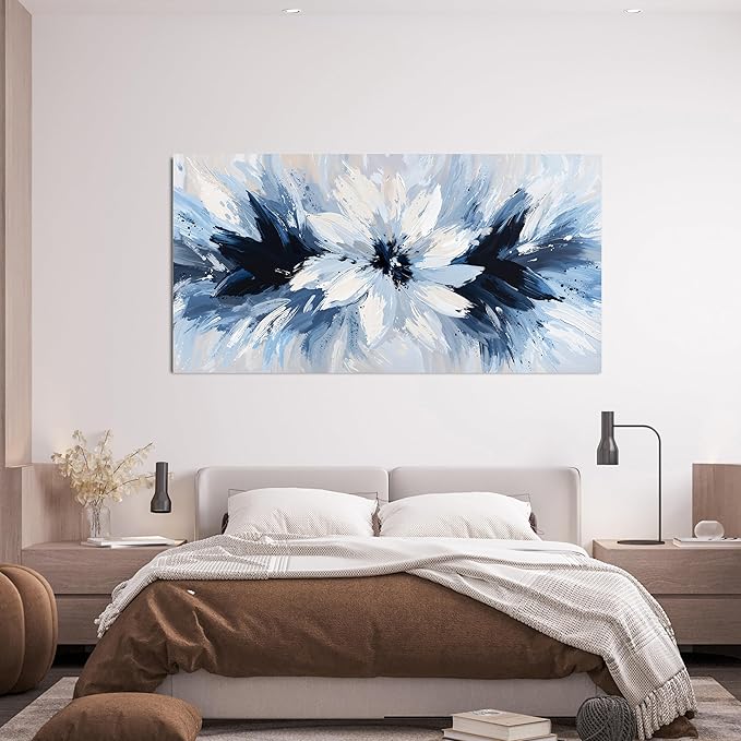 Abstract Canvas Wall Art Decor Large Wall Art For Living Room White Flower Wall Art Prints Modern Blue Wall Art Pictures 24" X 48" Abstract Canvas Art Wall Decor Artwork for Walls Bedroom Office Decor
