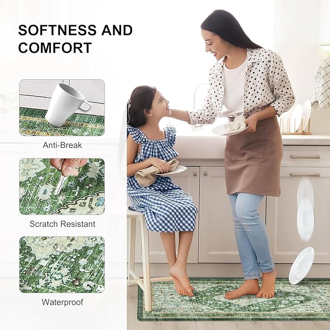 Collive Anti Fatigue Mats for Kitchen Floor, Comfort Non Slip Kitchen Floor Mats Cushioned Standing Desk Mat for Office, Laundry, Sink, 17”x47” Green Waterproof Kitchen Rugs