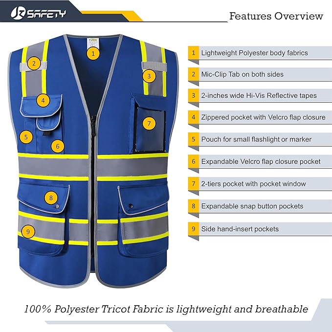 JKSafety 9 Pockets Hi-Vis Safety Vest High Visibility Reflecitive Safety Vests for Men and Women Work Utility PPE Work Gear ANSI/ISEA compliant (902-Blue 4XL)