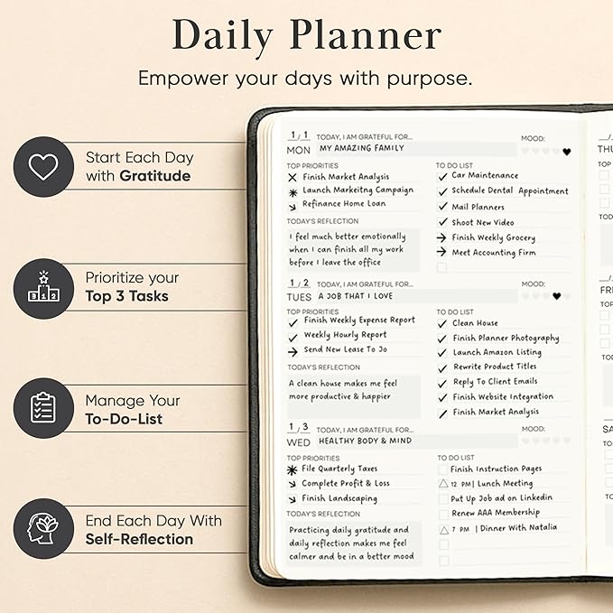 2026 Planner, Daily Journal & Gratitude Journal All-In-One with To Do List, Self Care Prompts & Habit Tracker - 5.8 x 8.3 - Black