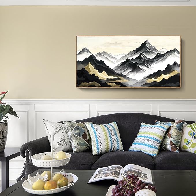 amatop Mountain Landscape Wall Art, Large Framed Modern Abstract Black and White Canvas Print – Zen Minimalist Nature Artwork for Office Wall Decor, Living Room & Bedroom (48x24 Inch)