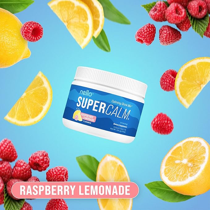 Nello Supercalm Powdered Drink Mix Tub, Cortisol Reducer*, Sleep Aid Supplement, L Theanine, Ksm-66 Ashwagandha, Magnesium Glycinate, Vitamin D 3, No Sugar, Non GMO, 30 Ct, Raspberry Lemonade