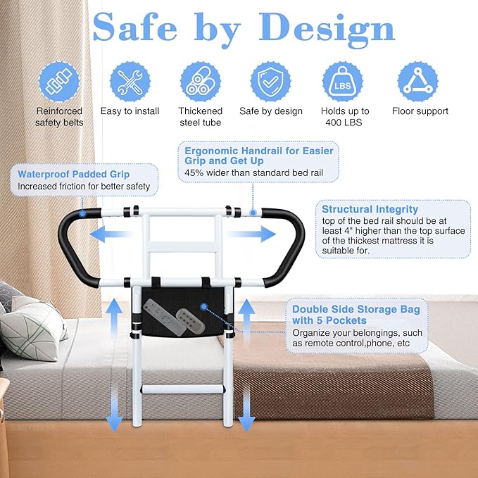 Bed Rails for Elderly Adults Safety: Adjustable Bedside Assist Rails with Storage Pockets, Non-Slip Handles, Motion Sensor Light, Items for Elderly Bed Rail, 400LB Gravity Capacity
