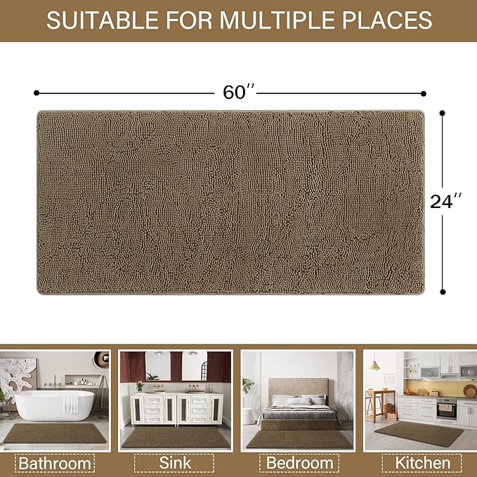 LOCHAS Luxury Bathroom Rug Shaggy Bath Mat 24 x 60 Inch, Washable Non Slip Bath Rugs for Bathroom Shower, Soft Plush Chenille Absorbent Carpets Mats, Tan