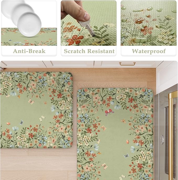 KIMODE Kitchen Mats for Floor Anti Fatigue, 20"x47"+20"x32" Farmhouse Kitchen Rugs Sets of 2, Padded Kitchen Floor Mats, Comfort Standing Mats for Sink Laundry Office Desk Sage Green