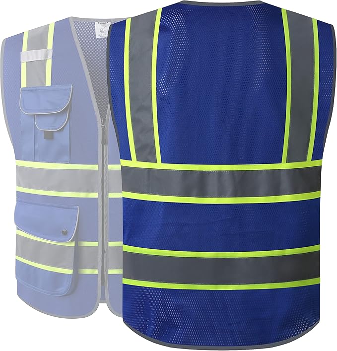 JKSafety 9 Pockets High Visibility Zipper Front MESH Blue Safety Vest | Blue with Dual Tone High Reflective Strips | ANSI/ISEA Standards (100-Blue, XL)