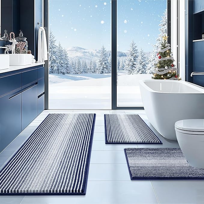BSICPRO Bathroom Rugs Sets 3 Piece, Toilet Rugs U-Shaped Contour Bath Mat Set, Long Striped Absorbent Non Slip Chenille Shower Mat, Navy Blue