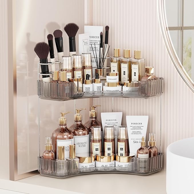 2-Tier Corner Bathroom Counter Organizer with Top Toothbrush Holders,Large Makeup Organizer Countertop with Brush Holder,Skincare Organizers Corner,Exquisite Vanity Organizer (Gray, 2 Tier)