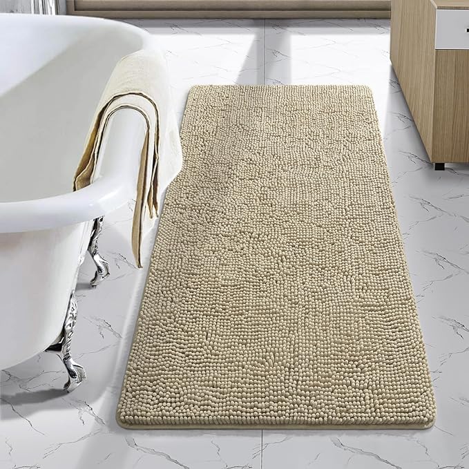 LOCHAS Luxury Bathroom Rug Shaggy Bath Mat 24 x 44 Inch, Washable Non Slip Bath Rugs for Bathroom Shower, Soft Plush Chenille Absorbent Carpets Mats, Beige