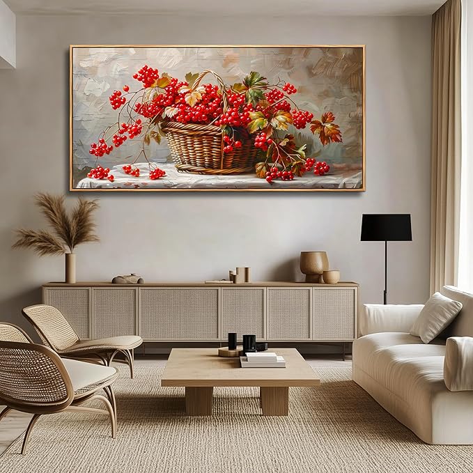PHAOHUAXM Large Canvas Wall Art For Living Room Restaurant Wall Decor For Office Bedroom Abstract Red Fruit Mural Wooden Frame Printing Picture Artworks Wall Painting Modern Home Decoration 30"X60"