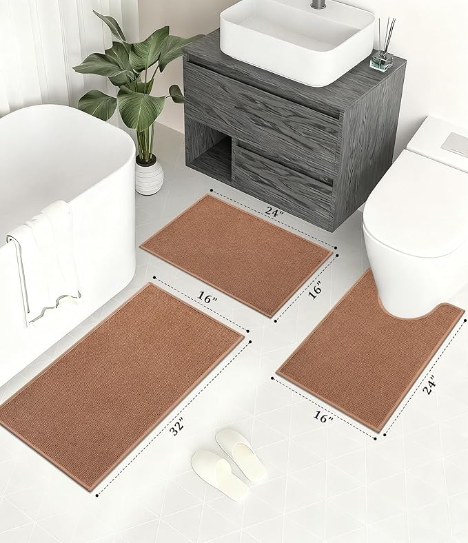 YIHOUSE Bathroom Rugs Mats Sets 3 Pieces, Ultra Thin Bath Mat Absorbent Non Slip Bath Rugs for Bathroom Washable, Shower, Sink, Laundry (Orange, 3 Pieces)