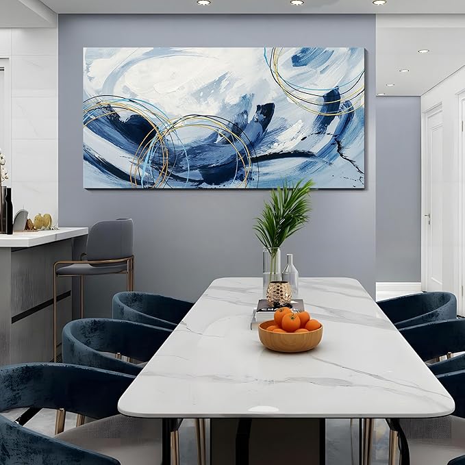 yiijeah Large Canvas Wall Art for Living Room - Blue and White Abstract Picture Framed Artwork for Walls Bohemian Minimalism Prints Paintsings Wall Decor for Office Bedroom 48x24 Inches