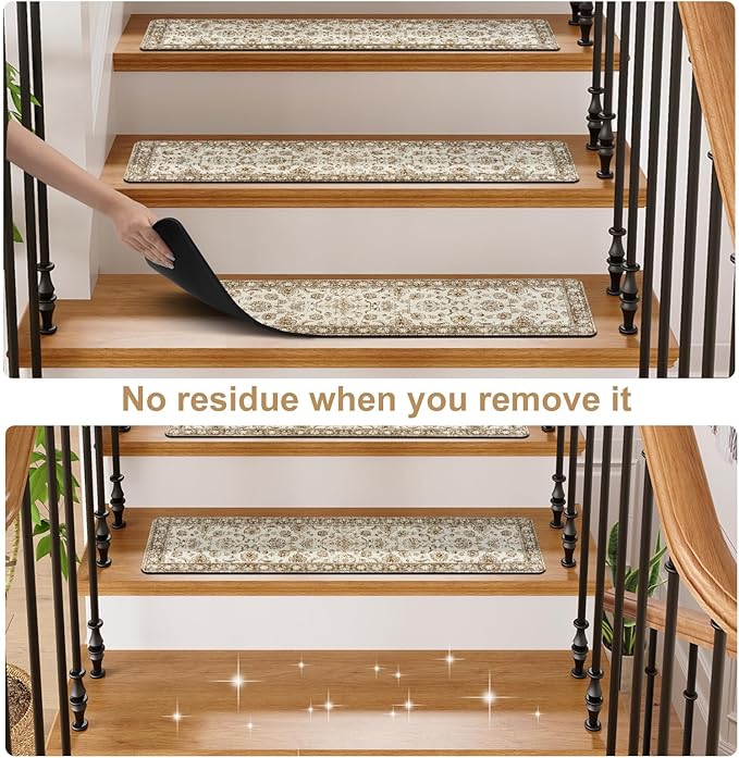 OJIA Vintage Stair Treads Non-Slip Stair Runners for Wooden Steps Indoor 15PCS 30"x8" Carpet Stair Treads Mats Staircase Step Treads for Kids, Elders and Dogs, Stair Covers, Beige