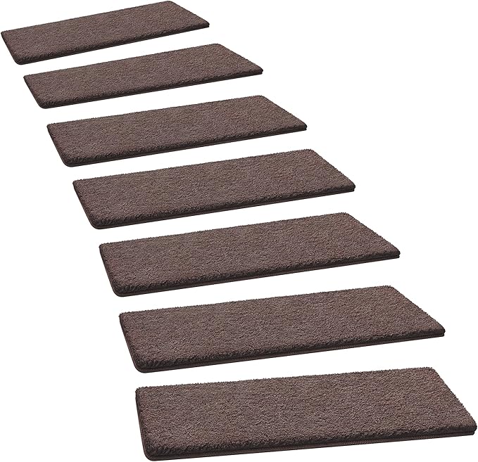 PURE ERA Carpet Stair Treads Ultra Plush 8" X 30" Soft Indoor Stair Protectors Pet-Friendly Non-Slip Skid Resistant Tape Free Washable Reusable(14 Pieces,Dark Brown)