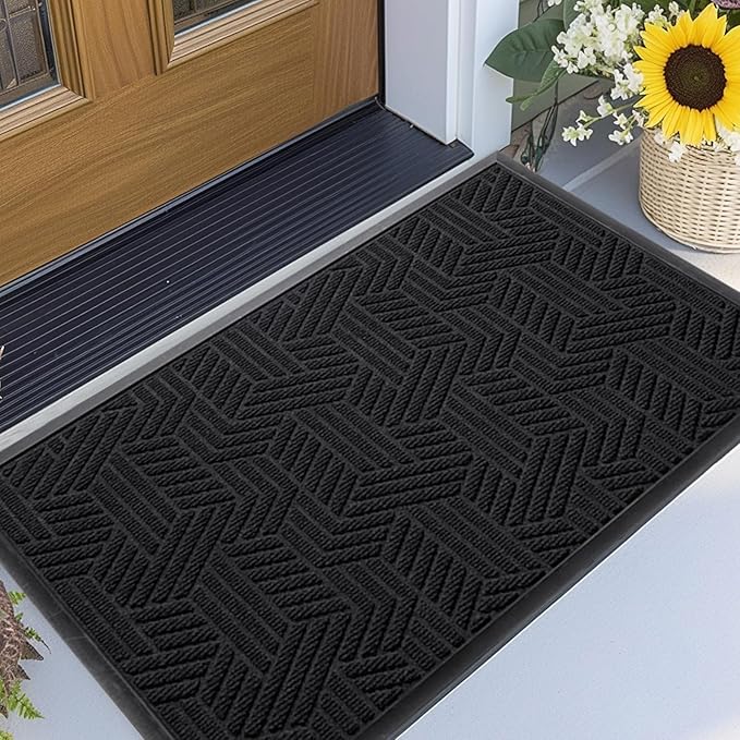 Front Door Mat 36"x24" Indoors Outdoors Welcome Mats, Waterproof Non-Slip Rubber Backing Heavy Duty Doormat Outside Entrance, Low Profile Entryway Rugs Floor Mat for Patio, Pattern B Black