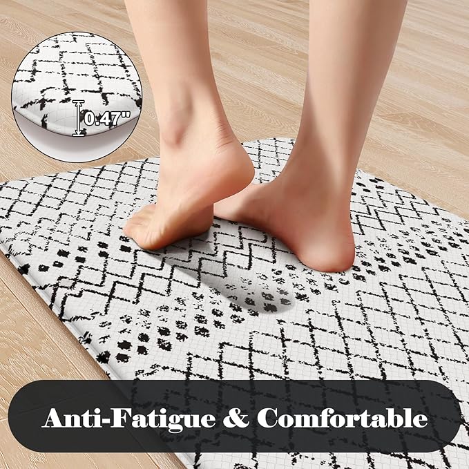 KIMODE Anti Fatigue Kitchen Mat for Floor, Cushioned Farmhouse Kitchen Runner Rug, Non Slip Waterproof Kitchen Floor Mat, Comfort Foam Standing Desk Mat for Laundry Office Sink Black/White 20"x32"