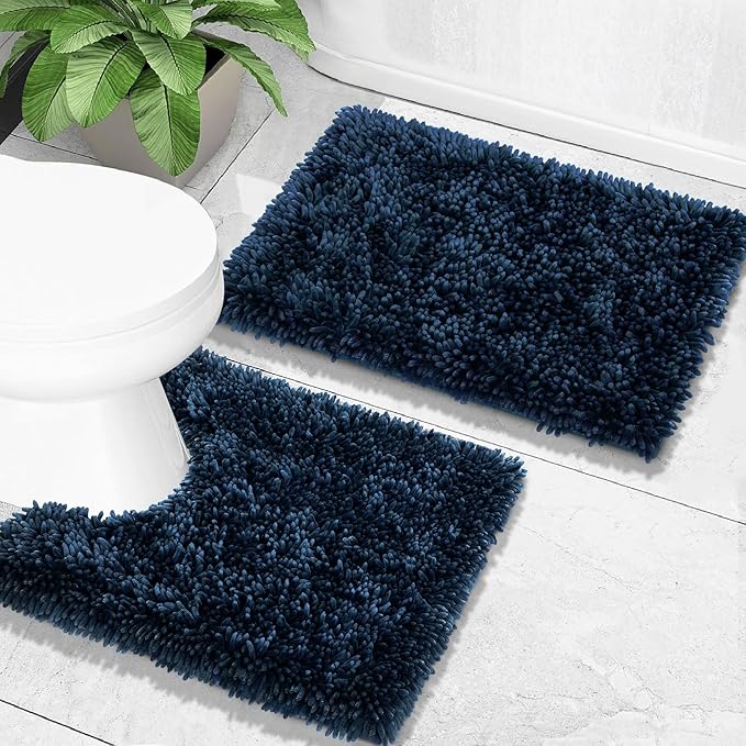 Yimobra Bathroom Rugs Sets 2 Piece, Soft Absorbent Bath Mat and U-Shaped Toilet Rug with Non Slip Backing, Luxury Shaggy Bath Mats for Bathroom, Machine Washable, 24"x17"+24"x20", Blue