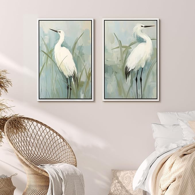 MUDECOR Framed Canvas Print Wall Art White Heron Pair in Marsh Coastal Illustrations Modern Art Decorative Bohemian Colorful for Living Room, Bedroom, Office - 24"x36"x2 White
