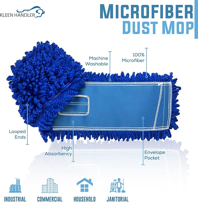 Kleen Handler 48 inch Microfiber Dust Mop | 12 Pack, Extra Large Washable Commercial Mop Head Replacement