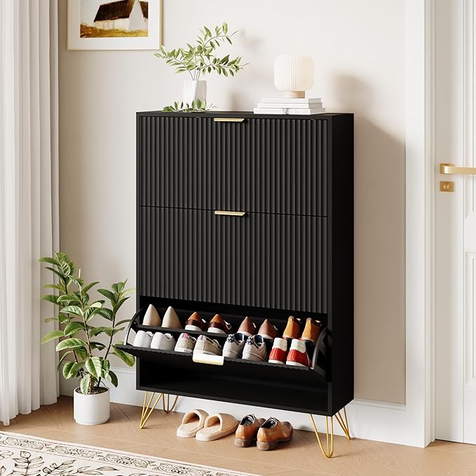 Shoe Storage Cabinet with 3 Flip Drawers, 31.5" W Fluted Shoe Cabinet for Entryway, Hidden Shoe Cabinet Storage, Narrow Free Standing Shoe Orgnaizer Rack Cabinet for Foyer Hallway, Black