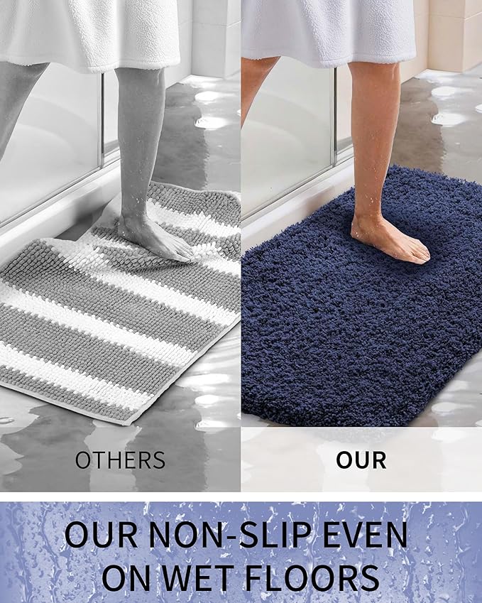 Bathroom Rugs 48x24, Ultra Thick Shaggy Soft Microfiber Absorbent Bath Rug, High Density Foam Latex Non Slip Backing, Machine Washable Bath Mats for Bathroom Floor & Sink, Navy Blue