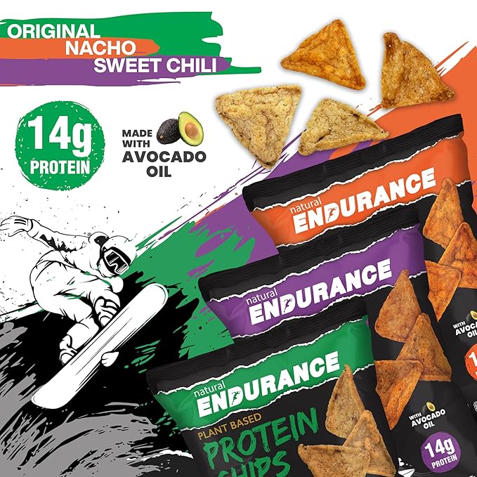Natural Endurance Protein Chips - Low Carb Chips, High Protein Snack, Vegan Protein with Avocado Oil, 14g Protein Per Bag, Gluten Free, Original, Nacho & Chili - Variety Pack, 1.38 oz Bags (12 Pack)