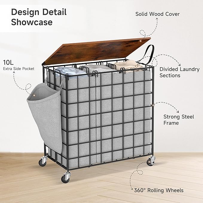 Laundry Basket with Wheels, Heavy Duty Laundry Sorter 3 Sections, 140L Large Capacity Laundry Hamper with Wood Lid, 360 Rolling Wheels, Extra Side Pocket, Leather Pull Handle (Grey)
