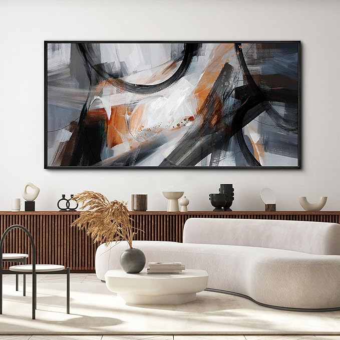 KLAKLA Wall Art for Living Room - Black and Orange Boho Abstract Canvas Framed Wall Decor Office Bedroom Art Modern Large Picture Artwork for Walls Prints Paintings Artwork 48x24 Inches