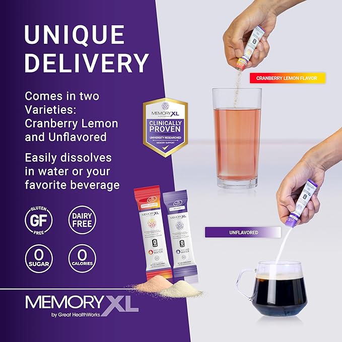 MemoryXL, Magnesium L-Threonate: Brain Supplement for Memory & Focus; Magtein®, Phosphatidylserine, Vitamin Mix. Improves Memory Focus Attention Learning & Logic. 0 Sugar, 0 Cal, 30pk Cranberry Lemon