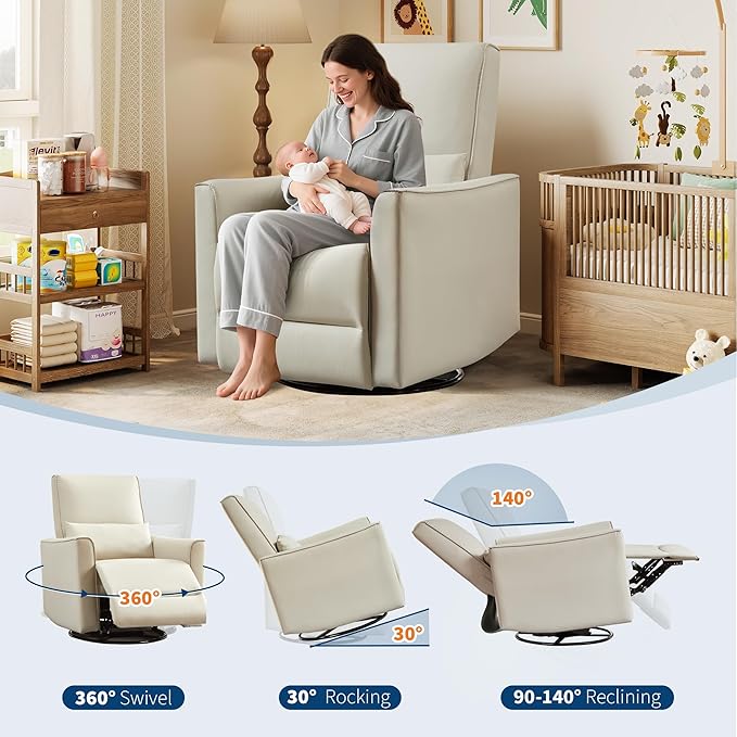 IDEALHOUSE Swivel Rocking Nursery Recliner Chair Rocker Recliner Glider Deep Seat PU Leather Sofa Chair with high Backrest for Nursery, Living Room, Bedroom & Home Movie Theater (Beige)