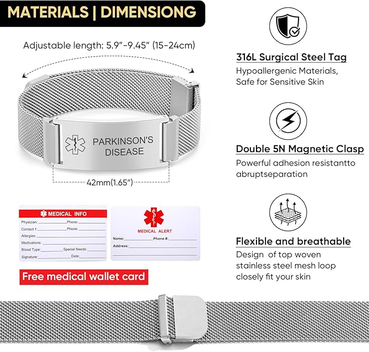 VNOX Medical Alert Id Bracelet for Men Women, Custom Engraving Adjustable Stainless Steel Customizable Mesh Emergency Survival Medic Bracelets Wristband Loop Band with Replacement Tag