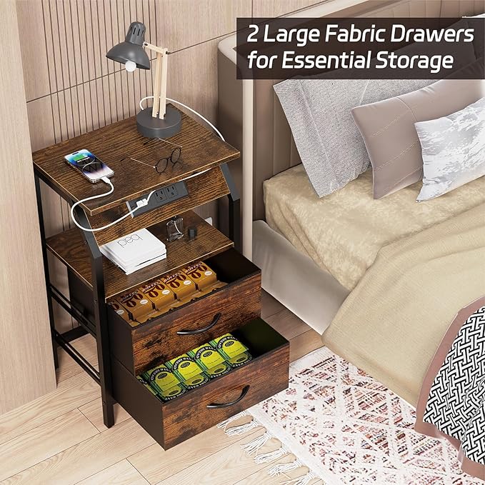 End Table with LED Lights, Nightstand with 2 Drawers and Type C Charging Station, Small Fabric Dresser for Bedside, Storage Side Table for Living Room Dorm, Rustic Brown