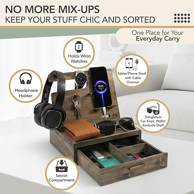 Nightstand Organizer for Men- Bedside Table Organizer with Drawer for Cellphone, Watches, Sunglasses & Accessories- Makes an Ideal Gift for Dad or Son (Rustic)