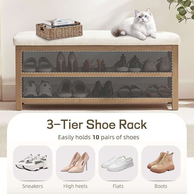 2 Tier Shoe Rack Bench with Cushion, Solid Wood Shoe Benches, Mid-Century Modern Shoe Storage Bench for Entryway, Hallway, Living Room, Closet, Front Door Entrance, (Beige, 46.5")