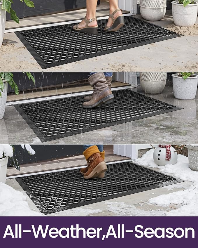 DEXI Front Door Mat 32x48, Non Slip Rubber Doormat Outside Entrance, Heavy Duty Waterproof Drainage Entry Mats, Low Profile Dirt Trapper for Patio Entryway, Black