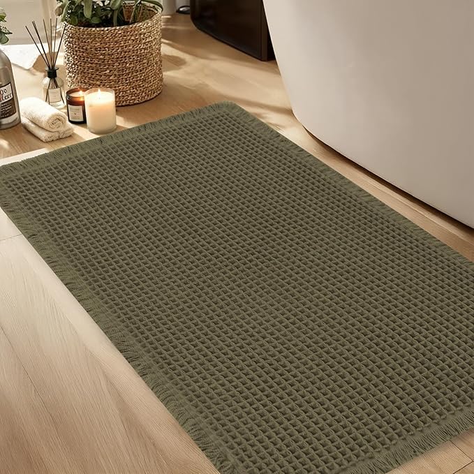 Hiasan Waffle Bath Mat, Super Absorbent Non Slip Bathroom Boho Rug with Tassels, Machine Washable Bath Mats for Bathroom, Ultra Soft Rubber Backed Rug, Grayish Green, 16 x 24 Inches