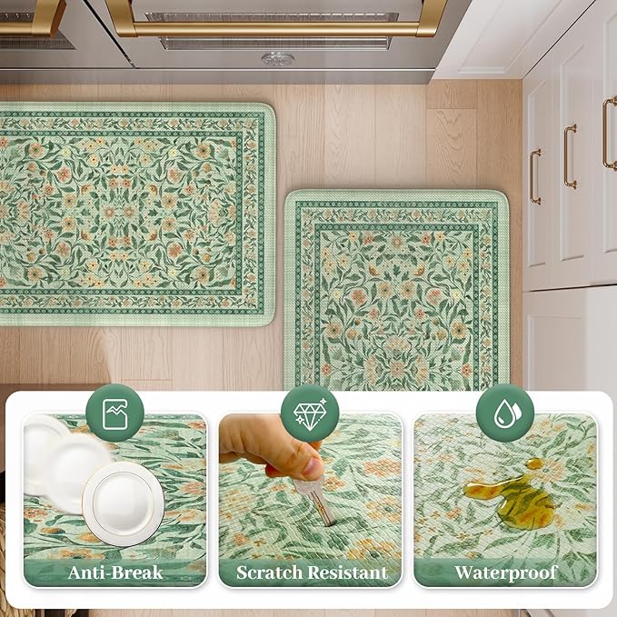KIMODE Anti Fatigue Kitchen Mats for Floor 2 Piece, Boho Floral Kitchen Rugs Non Slip, Memory Foam Kitchen Floor Mats, Ergonomic Standing Mats for Sink Laundry Office Desk Green 20"x47"+20"x32"