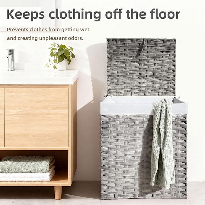 Woven Rattan Laundry Hamper with Lid & Handles,130L Foldable Laundry Basket Includes Machine Washable Removable Liner with 2 Compartments for Storage Basket for Bedroom, Bathroom (Gray)