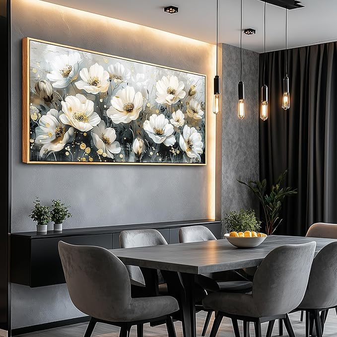 PHAOHUAXM Large Canvas Wall Decor For Living Room Wall Art For Bedroom Office Wall Decorations Print White Ink-Wash Flower-Shaped Wooden Frame Printed Artworks Posters Picture Home Decor 30"X60"