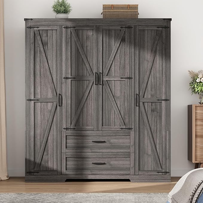 4 Doors Wardrobe Armoire Closet with Doors and Drawers, Farmhouse Wooden Armoire Storage Cabinet with Shelves & Hanging Rod for Bedroom, Grey