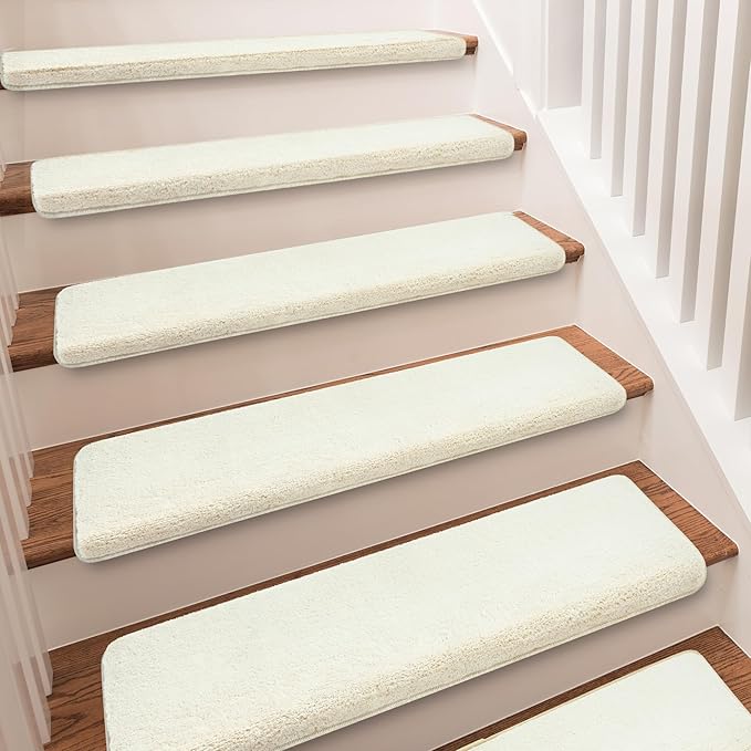 PURE ERA Carpet Stair Treads Ultra Plush 9.5" X 30"Soft Bullnose Indoor Stair Protectors Pet-Friendly Non-Slip Skid Resistant Tape Free Washable Reusable(14 Pieces,White)